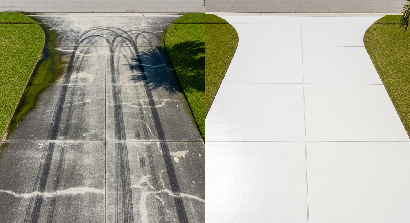 Driveway before and after pressure washing